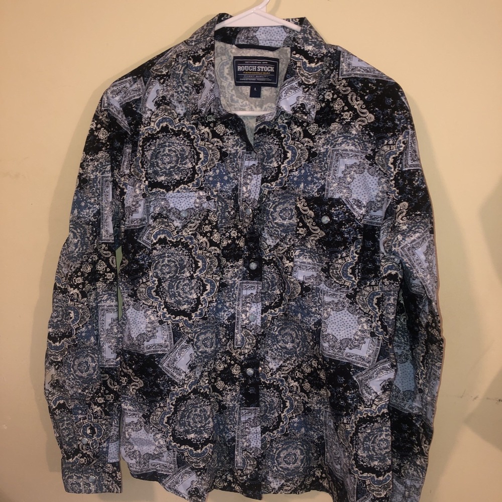Rough Stock Panhandle Slim Women's Western Long Sleeve Blue Pearl Snaps L Large